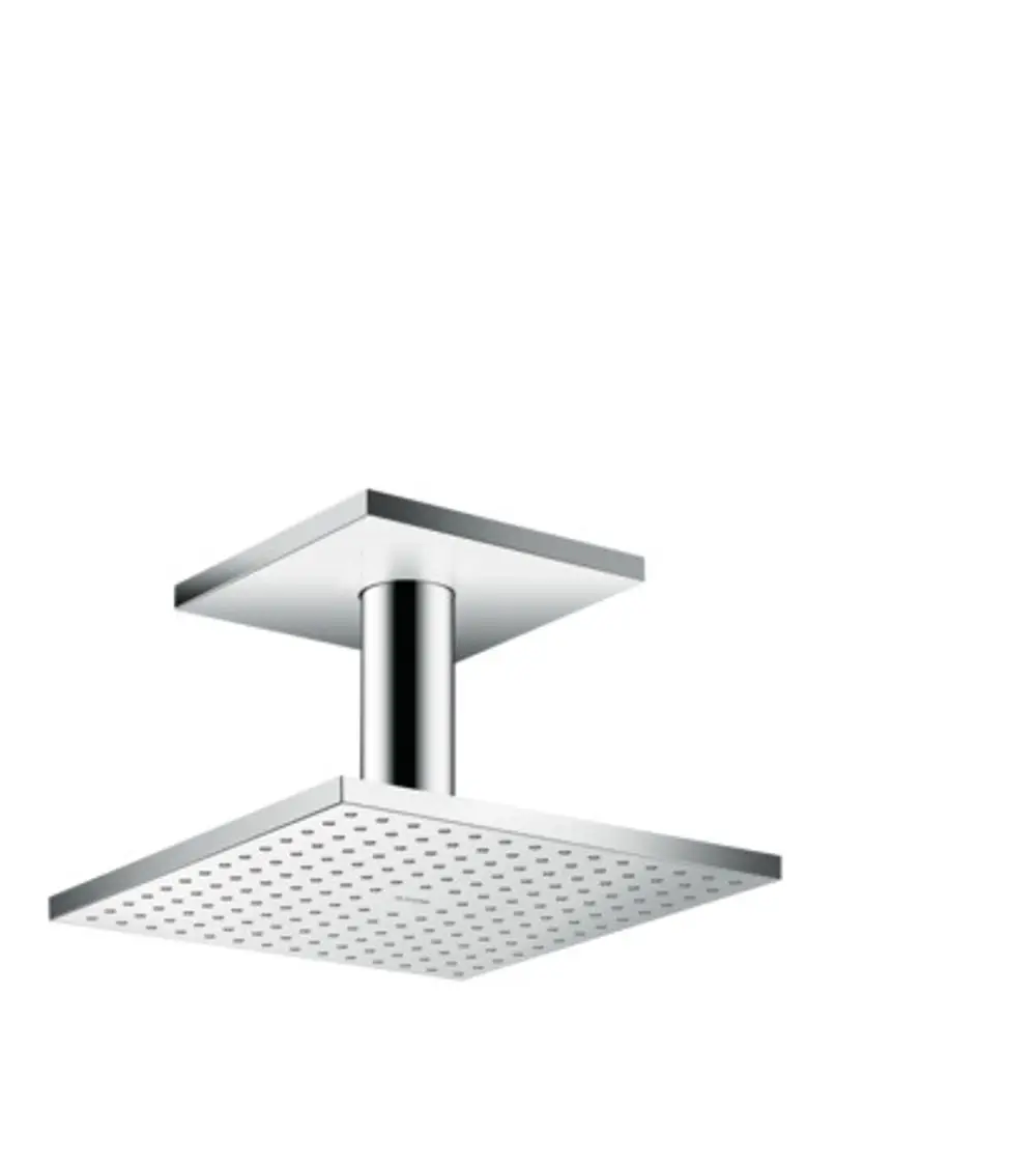 Deckenmontierte Kopfbrause aus Chrom mit quadratischer Form und perforierter Oberfläche. Produkt von AXOR.